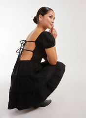 Puff Sleeve Peekaboo Tiered Mini Dress