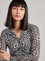 Geometric Print Mesh Button Up Top
