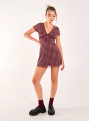 Check Cap Sleeve Mini Dress