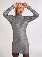 Metallic High Tie Neck Open Back Dress