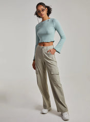 Soft Wide Brushed Ribbed Lettuce Hem Long Sleeve Top