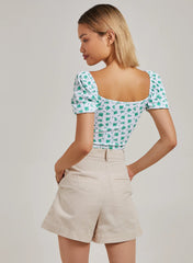 Floral Tie Detail Puff Sleeve Top