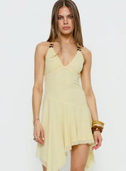 Rush Beaded Asymmetrical Halter Mini Dress Yellow