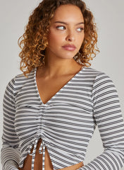 Striped Tie Front Ribbed Crop Top