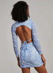 Graphic Floral Long Sleeve Backless Mini Dress