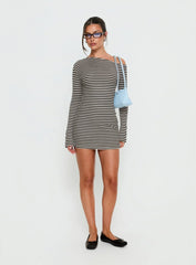 Journi Off Shoulder Long Sleeve Mini Dress Black / White Stripe