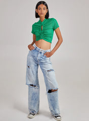 Short Sleeve Gathered Keyhole Ribbed Top