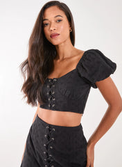 Lace Up Corset Puff Sleeve Broderie Crop Top