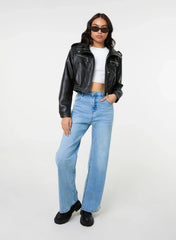 Pocket Detail PU Cropped Bomber Jacket