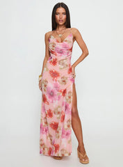 Sibellah Beaded Cowl Neck Maxi Dress Pink Multi