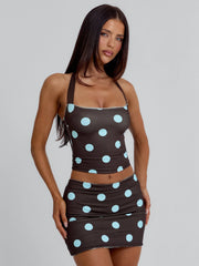 LULA REVERSIBLE MINI SKIRT BLUE AND CHOCOLATE POLKA DOT