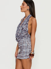 Devora Halter Plunge Mini Dress Blue Plaid Multi