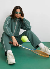 Piping Cropped Zip Up Sweat