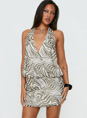 Rings of Saturn Plunge Halter Mini Dress Zebra