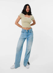 Cap Sleeve Stripe Lace Trim Top