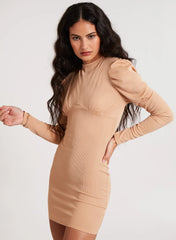 Ribbed Open Back Padded Shoulder Dress