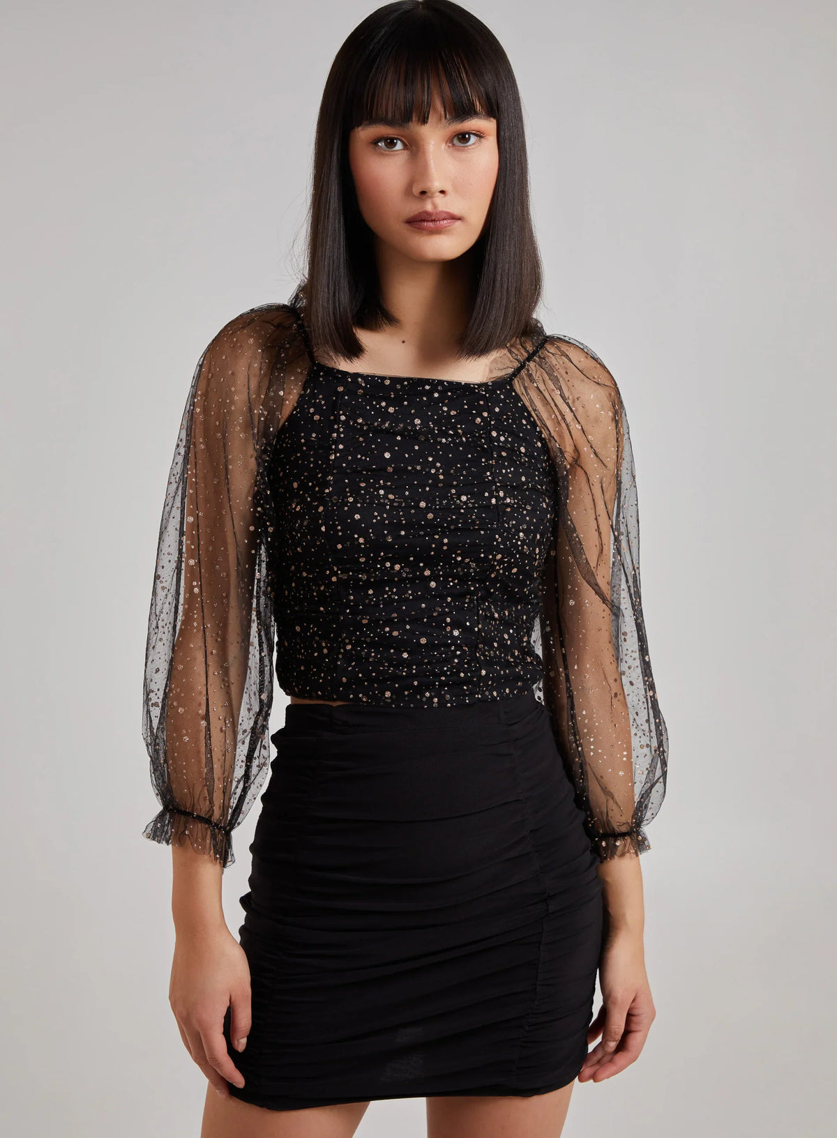 Glitter Ruched Top With Sheer Balloon Sleeve