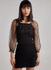Glitter Ruched Top With Sheer Balloon Sleeve
