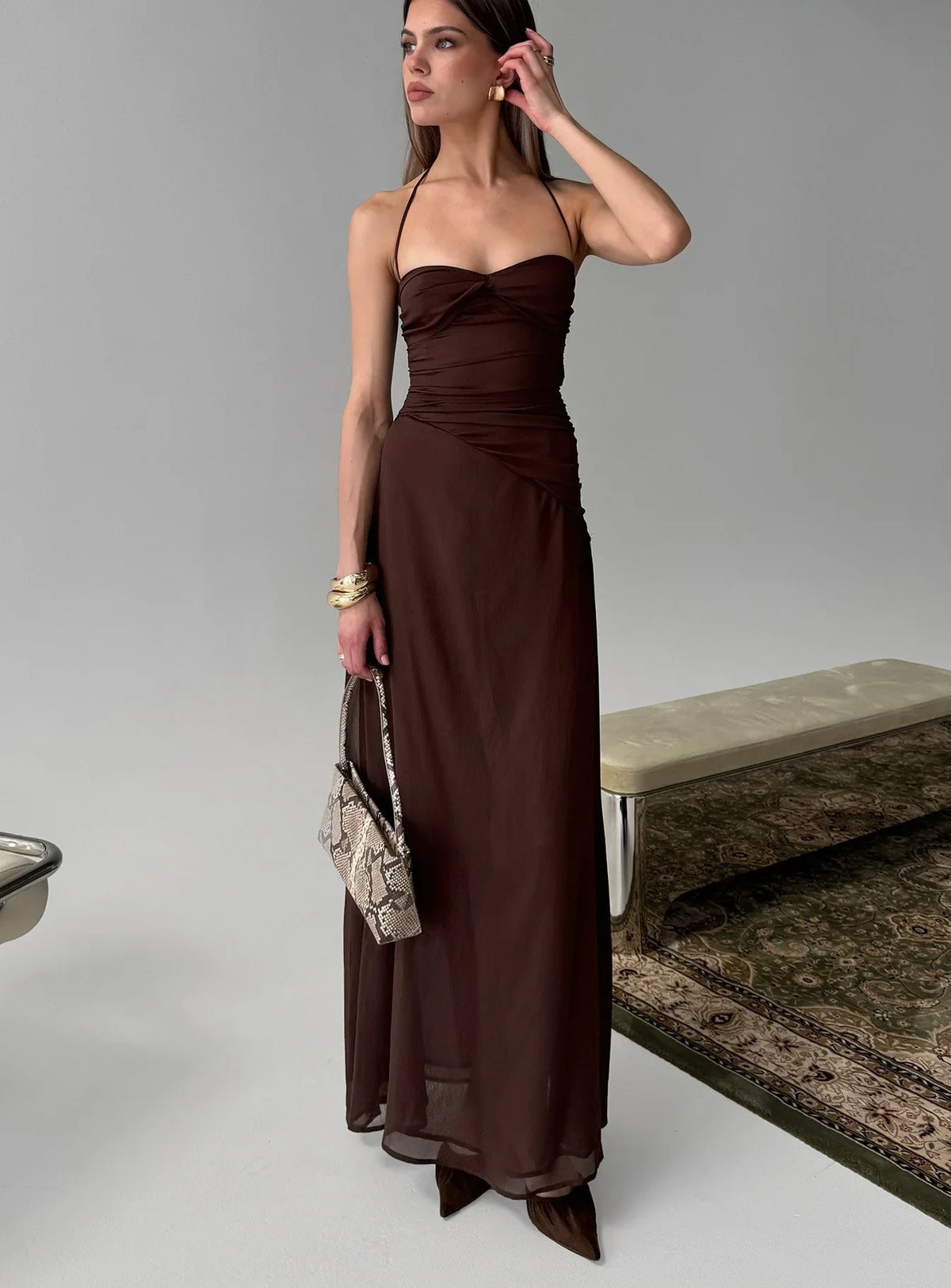 Kaemila Halter Chiffon Maxi Dress Brown