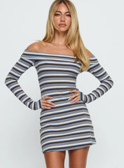 Tosie Long Sleeve Off Shoulder Mini Dress Blue Stripe