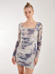 Long Sleeve Distressed Print Mini Dress
