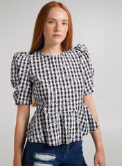 Black Check Tie Back Peplum Blouse