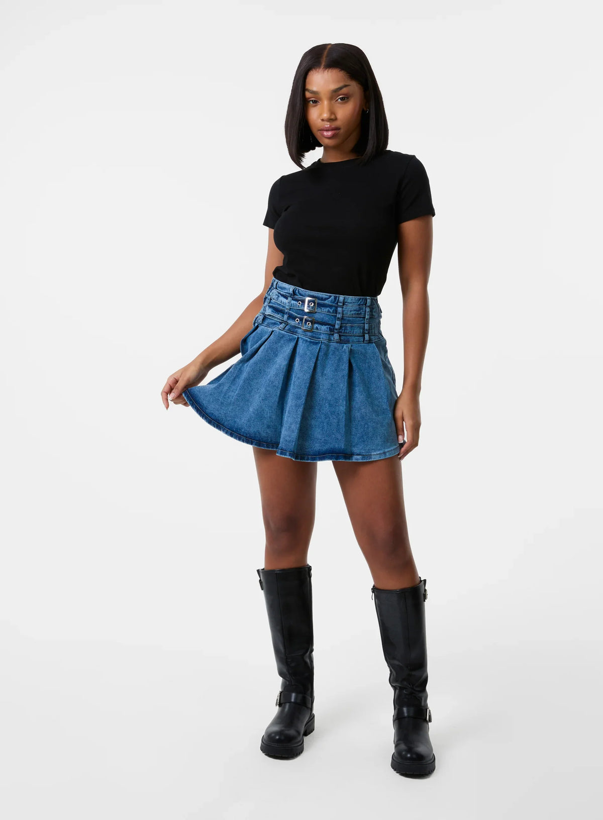 Denim Double Belt Pleat Mini Skirt