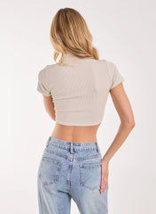 Short Sleeve Gathered Keyhole Ribbed Top