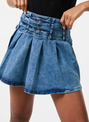 Denim Double Belt Pleat Mini Skirt