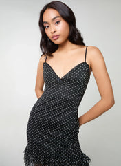 Polka Dot Mesh Cap Sleeve Mini Dress