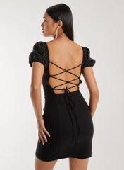 Rhinestone Puff Sleeve Strap Back Dress