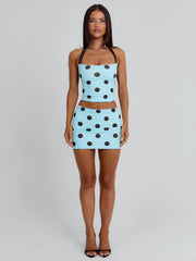 LULA REVERSIBLE TOP BLUE AND CHOCOLATE POLKA DOT