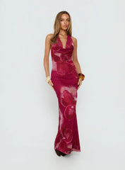 Adeya Halter Maxi Dress Burgundy Floral