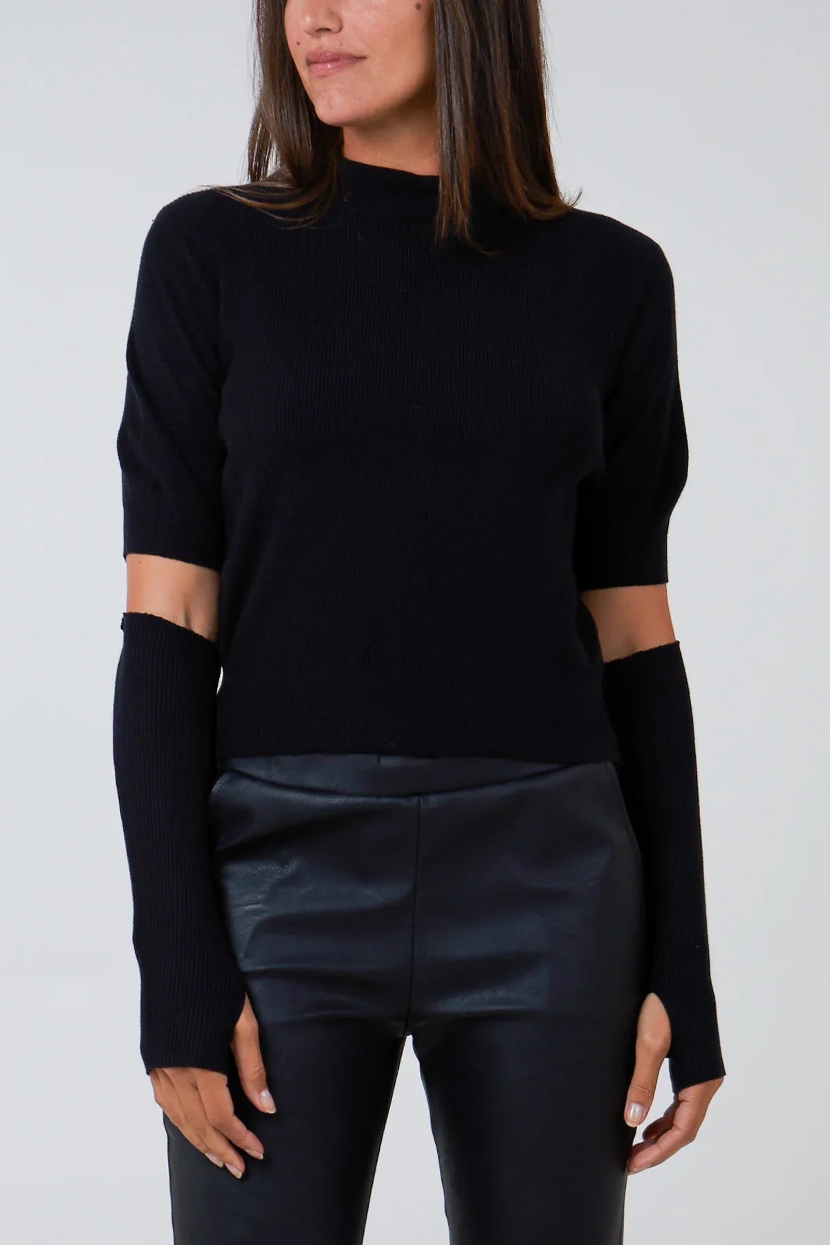 Ribbed High Neck Top With Arm Warmers