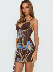 Isakaia Beaded Mini Dress Brown Floral