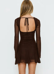 Evita Long Sleeve Pleat Mini Dress Chocolate