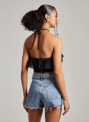 Halter Neck Broderie Frill Hem Crop Top