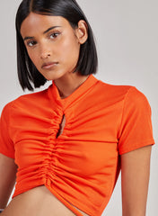 Short Sleeve Gathered Keyhole Ribbed Top