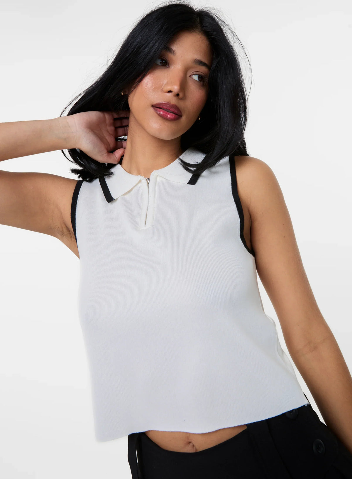 Half Zip Crop Polo Top With Contrast Piping
