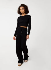 Ribbed Half Zip Hoodie And Wide Leg Set