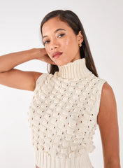 Knitted High Neck Threaded Sleeveless Top