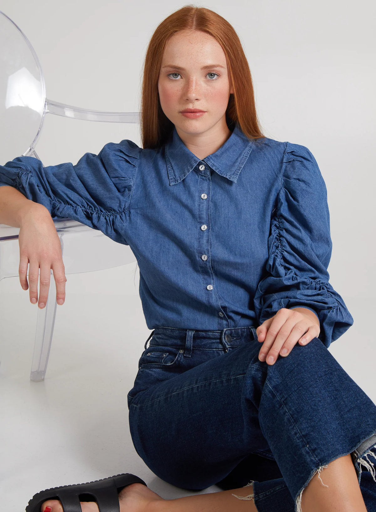 Ruched Sleeve Denim Shirt