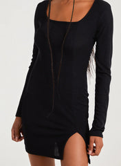 Ribbed Split Hem Square Neck Long Sleeve Dress