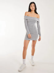 Two Tone Rib Bardot Mini Dress