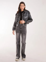 PU Utility Cropped Bomber Jacket