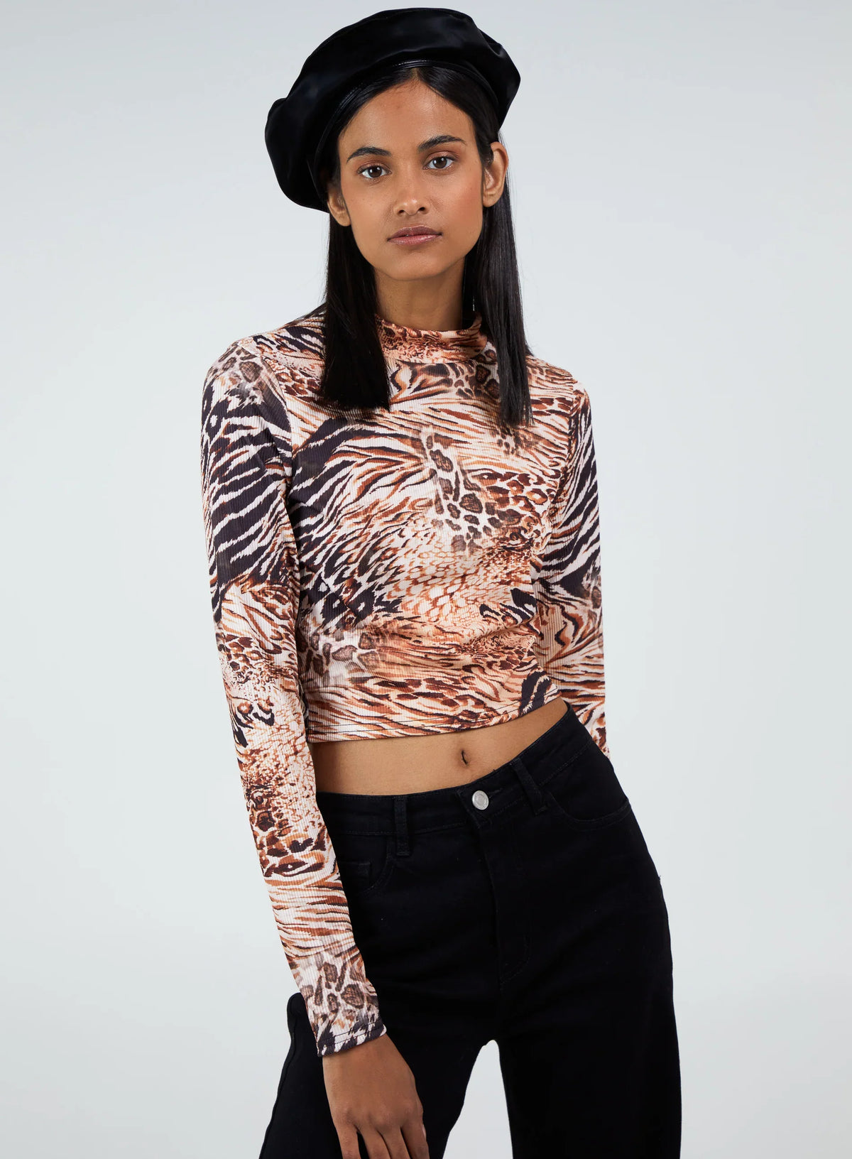 Long Sleeve Animal Print Crop Top