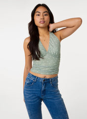Ruched Side Halter Top In Polka Dot