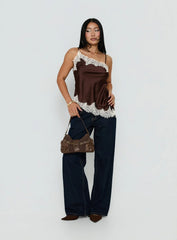 Winta Lace Trim Asymmetrical Satin Top Chocolate