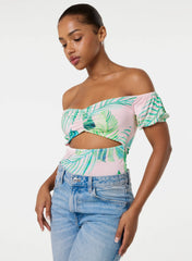 Tropical Bardot Cut-Out Bodysuit