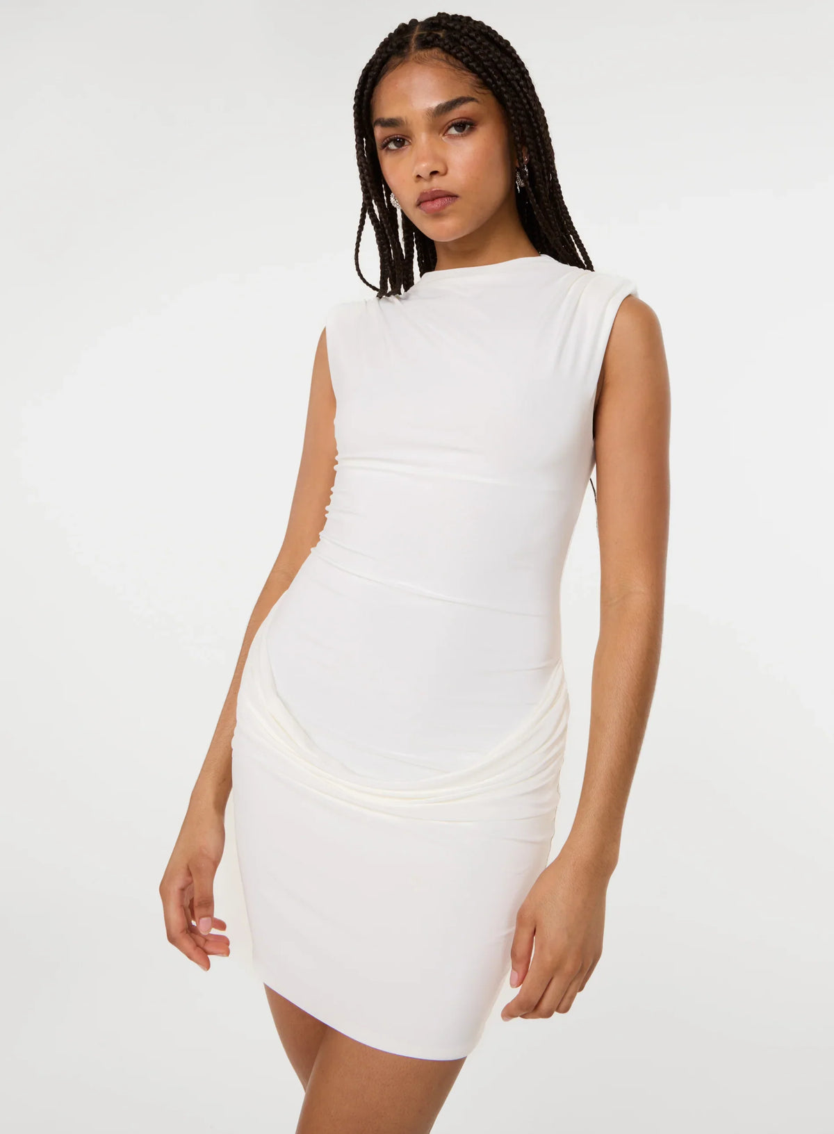 Shoulder Pad Ruched Front Mini Dress